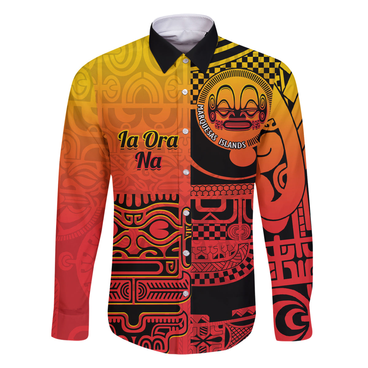 Personalised Ia Ora Na Marquesas Islands Family Matching Off Shoulder Long Sleeve Dress and Hawaiian Shirt Mata Tiki Marquesan Tattoo LT14 Dad's Shirt - Long Sleeve Red - Polynesian Pride