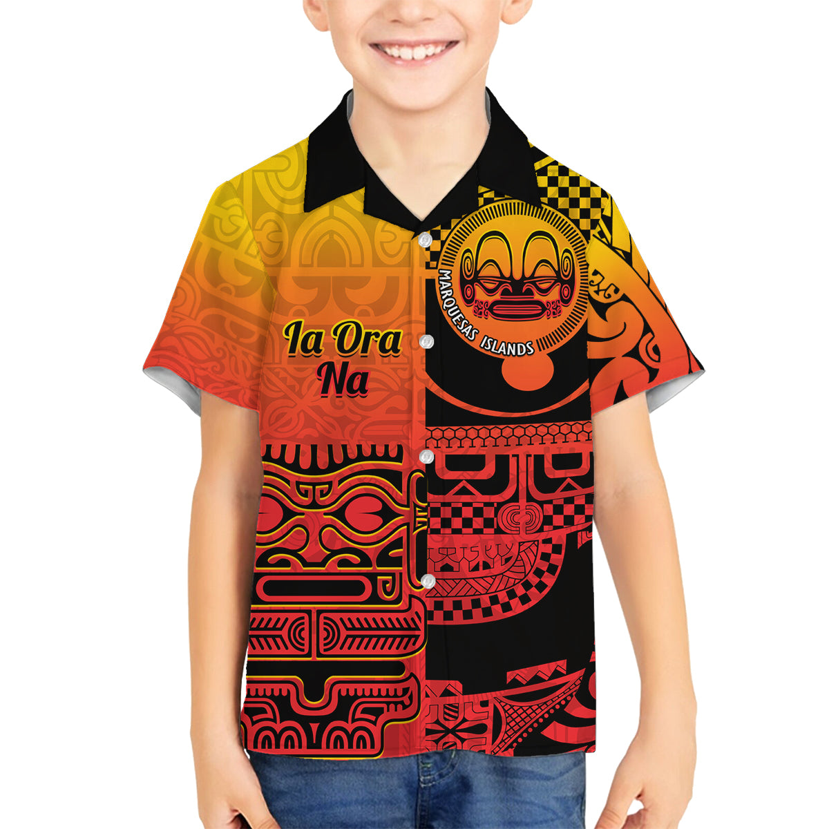 Personalised Ia Ora Na Marquesas Islands Family Matching Summer Maxi Dress and Hawaiian Shirt Mata Tiki Marquesan Tattoo LT14 Son's Shirt Red - Polynesian Pride