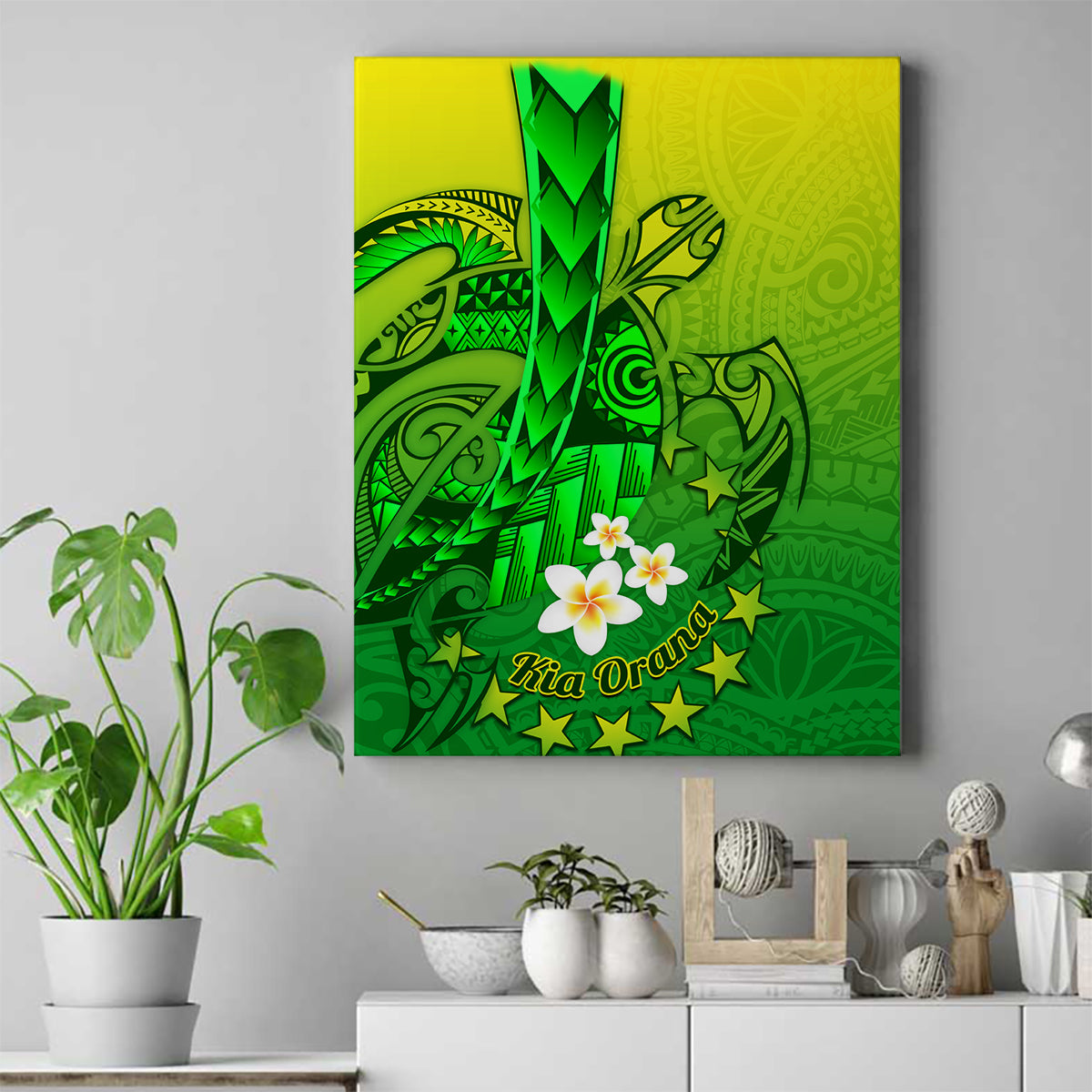 Kia Orana Cook Islands Canvas Wall Art Kuki Airani Tattoo Pattern With Sea Turtle LT14 Without Frame Green - Polynesian Pride