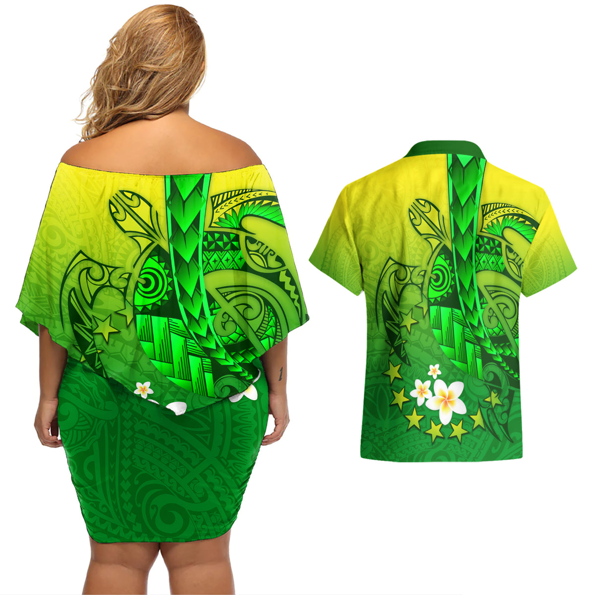 Kia Orana Cook Islands Couples Matching Off Shoulder Short Dress and Hawaiian Shirt Kuki Airani Tattoo Pattern With Sea Turtle LT14 - Polynesian Pride