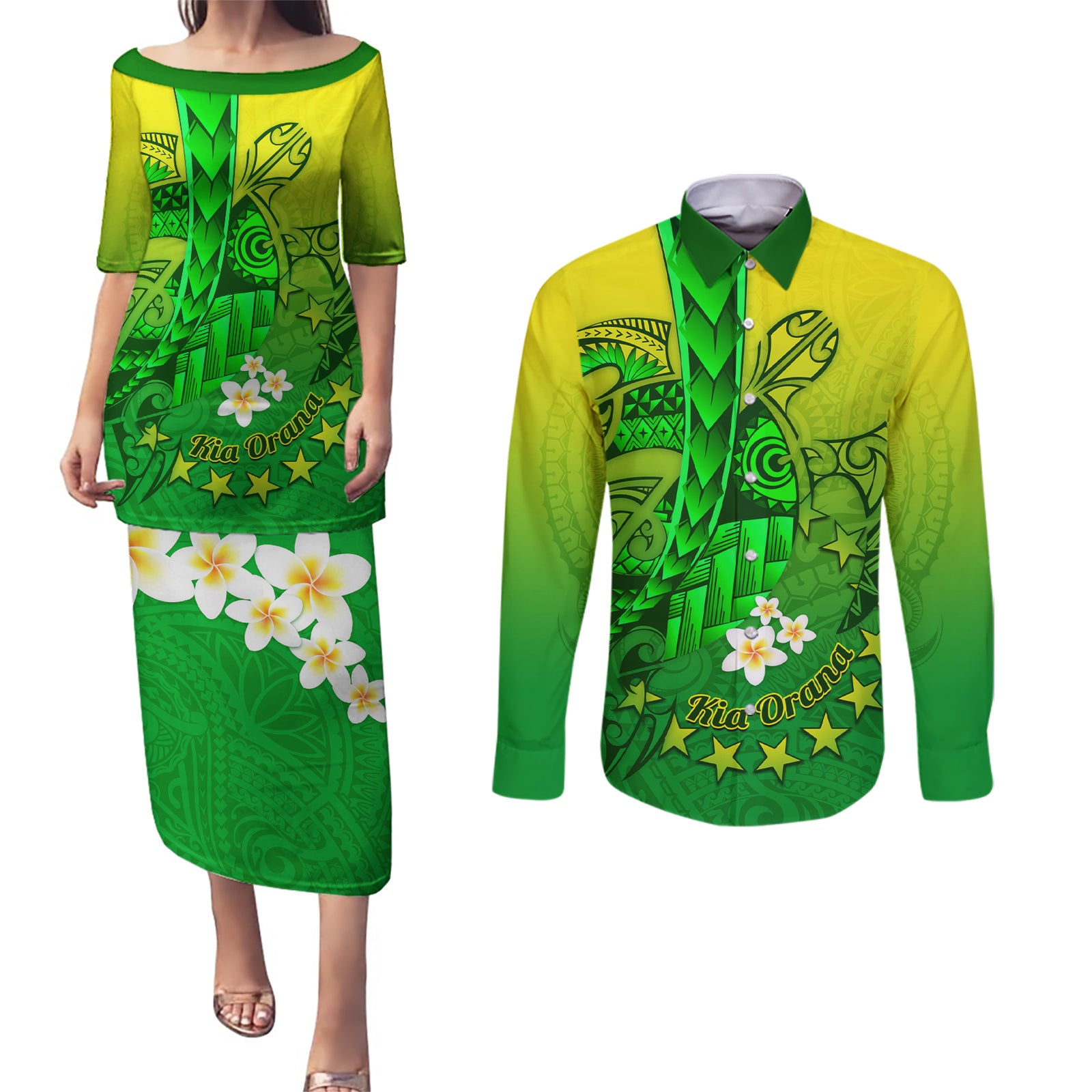 Kia Orana Cook Islands Couples Matching Puletasi and Long Sleeve Button Shirt Kuki Airani Tattoo Pattern With Sea Turtle LT14 Green - Polynesian Pride
