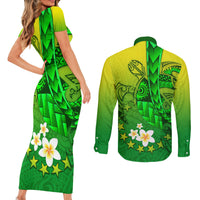 Kia Orana Cook Islands Couples Matching Short Sleeve Bodycon Dress and Long Sleeve Button Shirt Kuki Airani Tattoo Pattern With Sea Turtle LT14 - Polynesian Pride