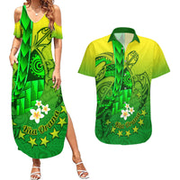 Kia Orana Cook Islands Couples Matching Summer Maxi Dress and Hawaiian Shirt Kuki Airani Tattoo Pattern With Sea Turtle LT14 Green - Polynesian Pride