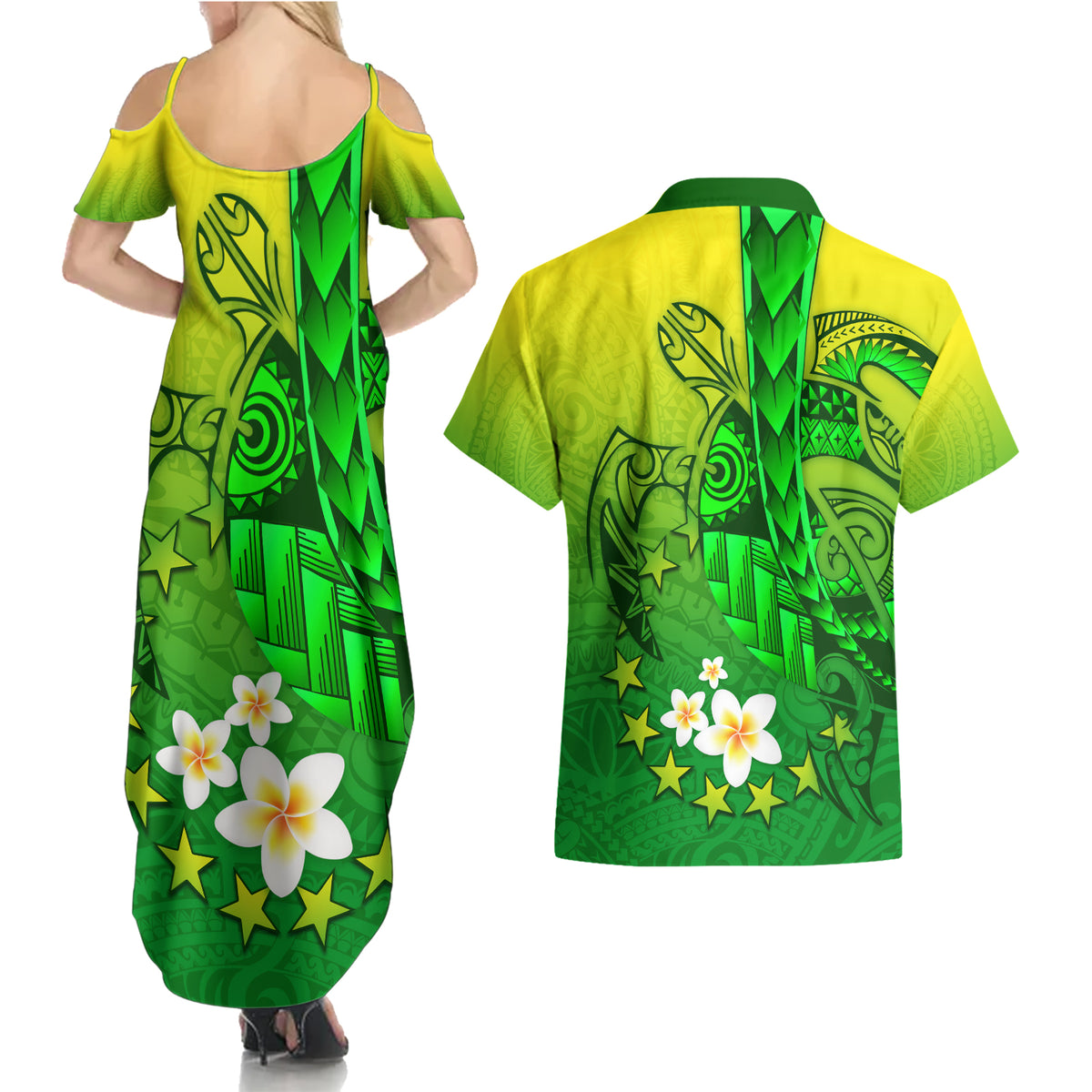 Kia Orana Cook Islands Couples Matching Summer Maxi Dress and Hawaiian Shirt Kuki Airani Tattoo Pattern With Sea Turtle LT14 - Polynesian Pride