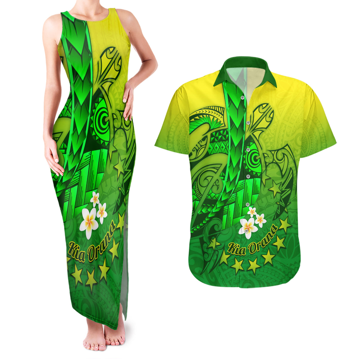 Kia Orana Cook Islands Couples Matching Tank Maxi Dress and Hawaiian Shirt Kuki Airani Tattoo Pattern With Sea Turtle LT14 Green - Polynesian Pride