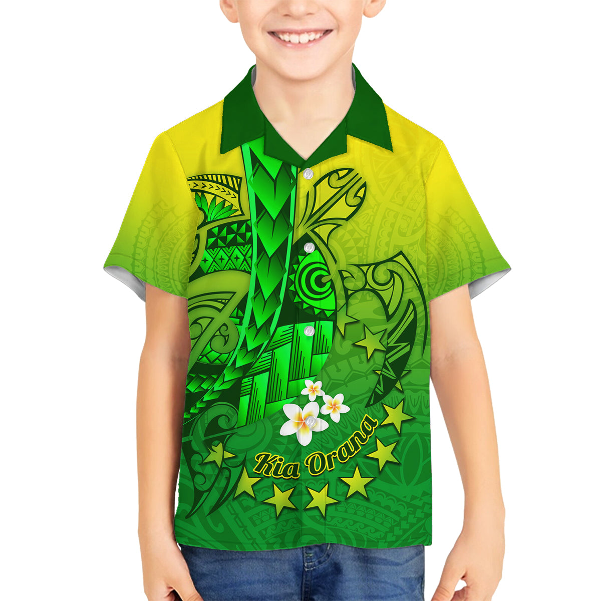 Kia Orana Cook Islands Family Matching Off Shoulder Short Dress and Hawaiian Shirt Kuki Airani Tattoo Pattern With Sea Turtle LT14 Son's Shirt Green - Polynesian Pride