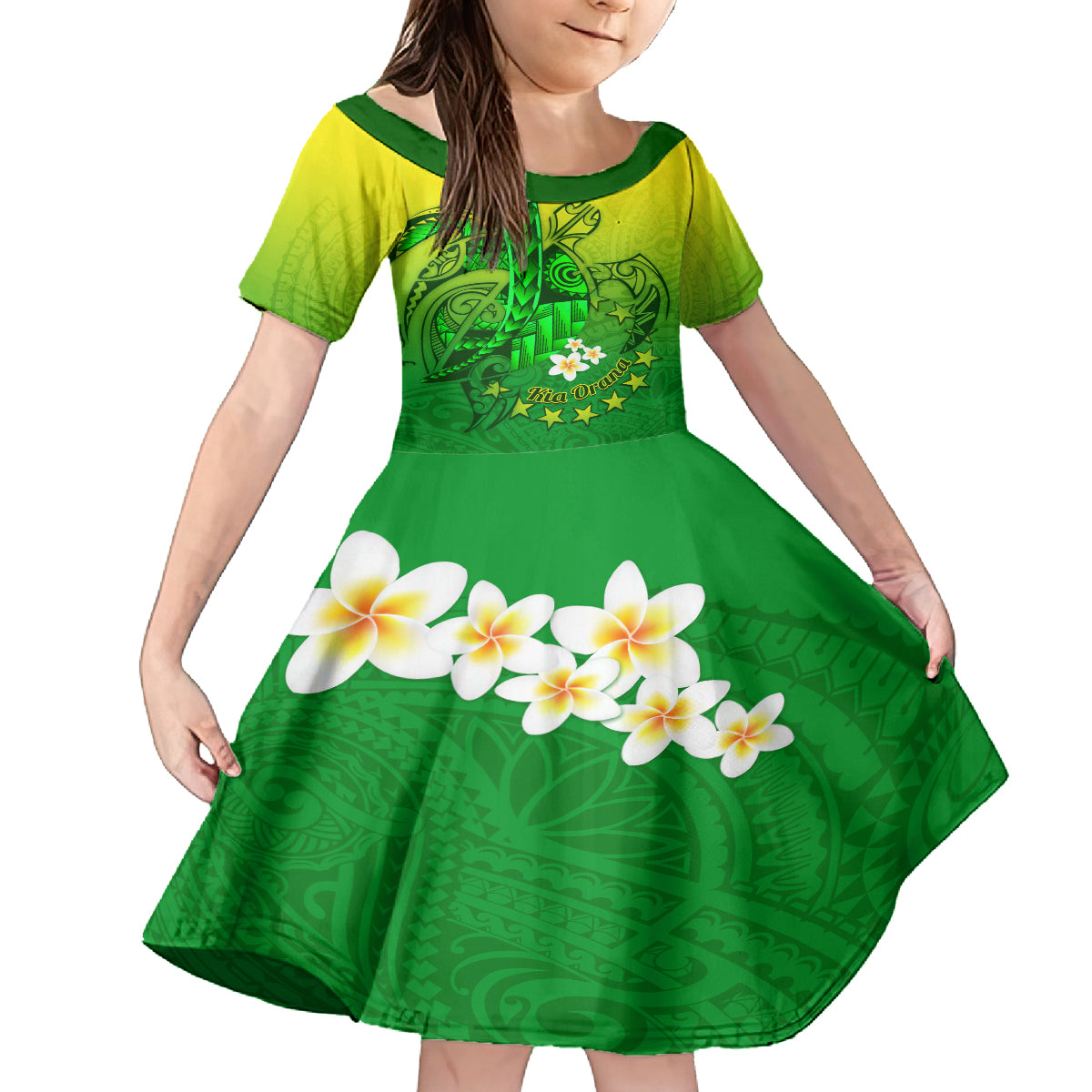 Kia Orana Cook Islands Kid Short Sleeve Dress Kuki Airani Tattoo Pattern With Sea Turtle LT14 KID Green - Polynesian Pride