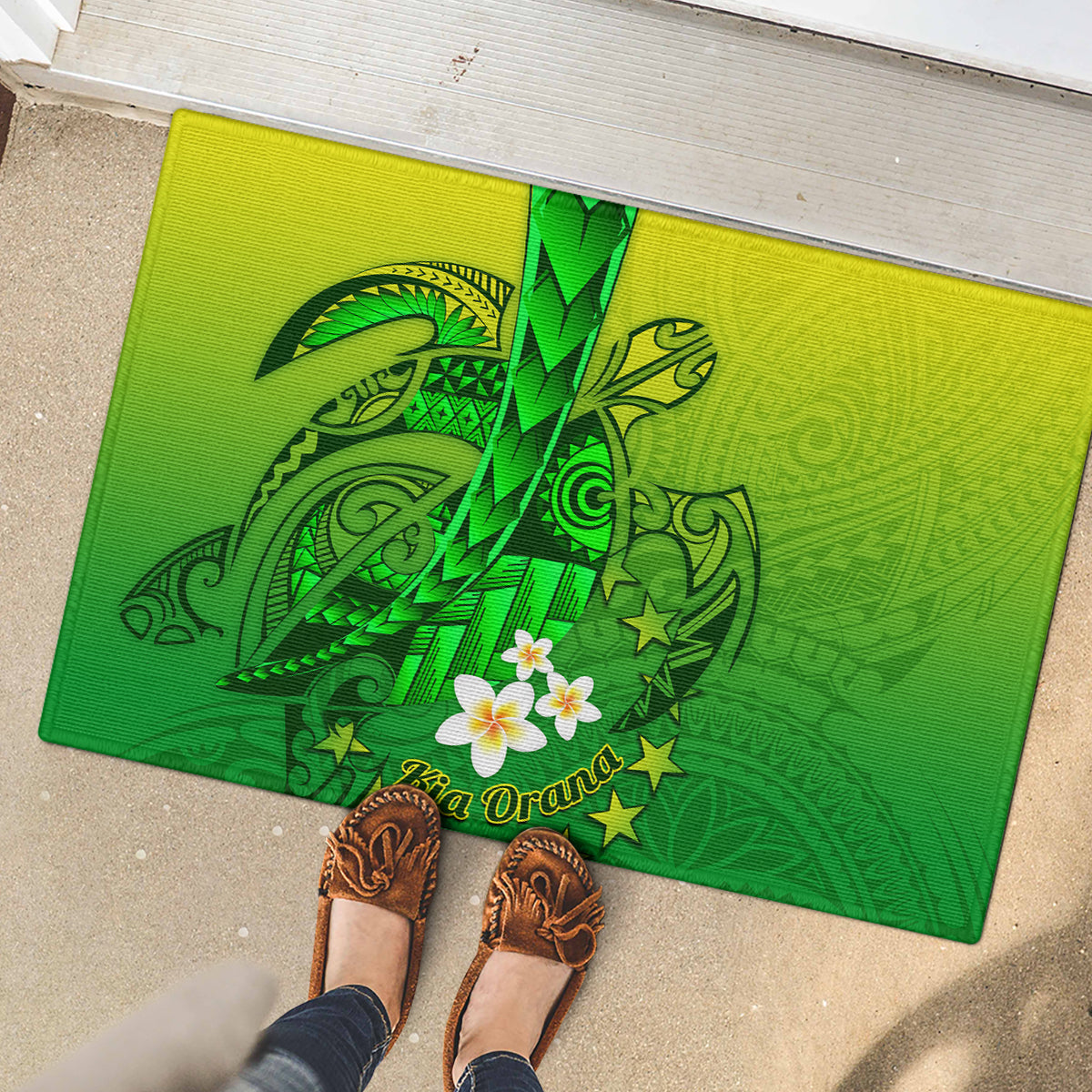 Kia Orana Cook Islands Rubber Doormat Kuki Airani Tattoo Pattern With Sea Turtle LT14 - Polynesian Pride