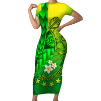 Kia Orana Cook Islands Short Sleeve Bodycon Dress Kuki Airani Tattoo Pattern With Sea Turtle LT14 Long Dress Green - Polynesian Pride