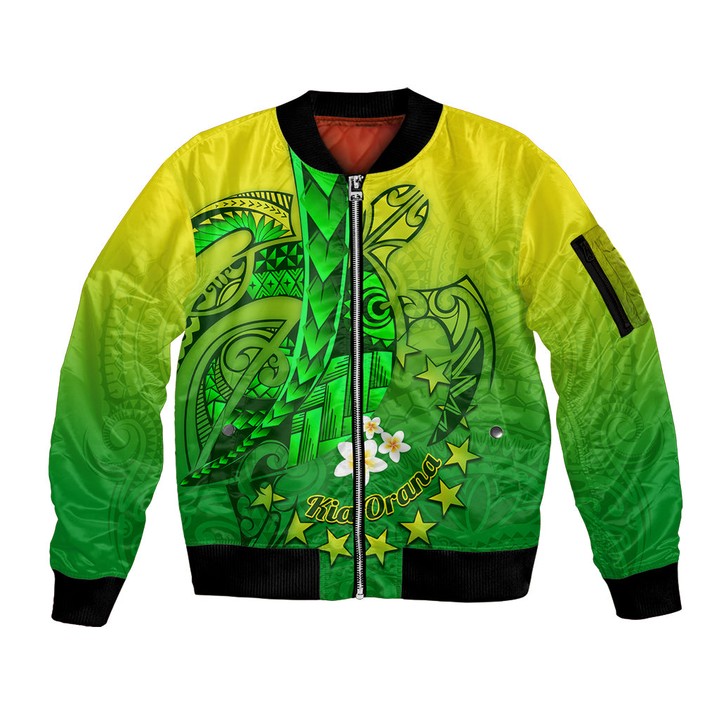 Kia Orana Cook Islands Sleeve Zip Bomber Jacket Kuki Airani Tattoo Pattern With Sea Turtle LT14 Unisex Green - Polynesian Pride