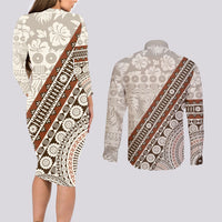 Bula Fiji Couples Matching Long Sleeve Bodycon Dress and Long Sleeve Button Shirt Fijian Masi Tapa Cloth Vintage Vibes LT14 - Polynesian Pride