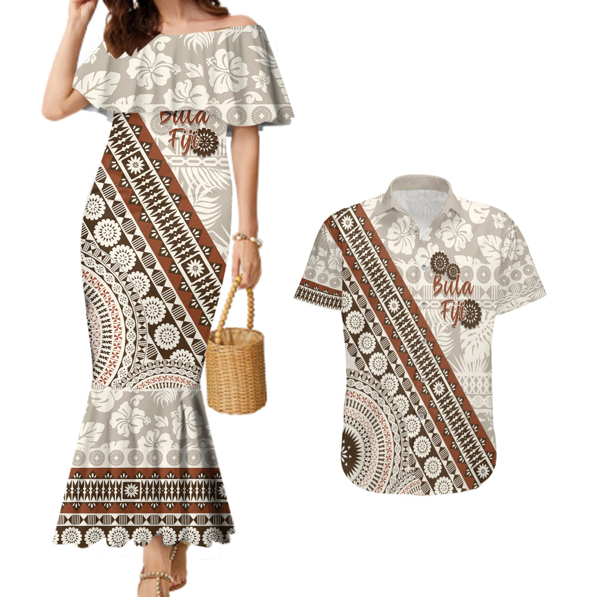 Bula Fiji Couples Matching Mermaid Dress and Hawaiian Shirt Fijian Masi Tapa Cloth Vintage Vibes LT14 Beige - Polynesian Pride