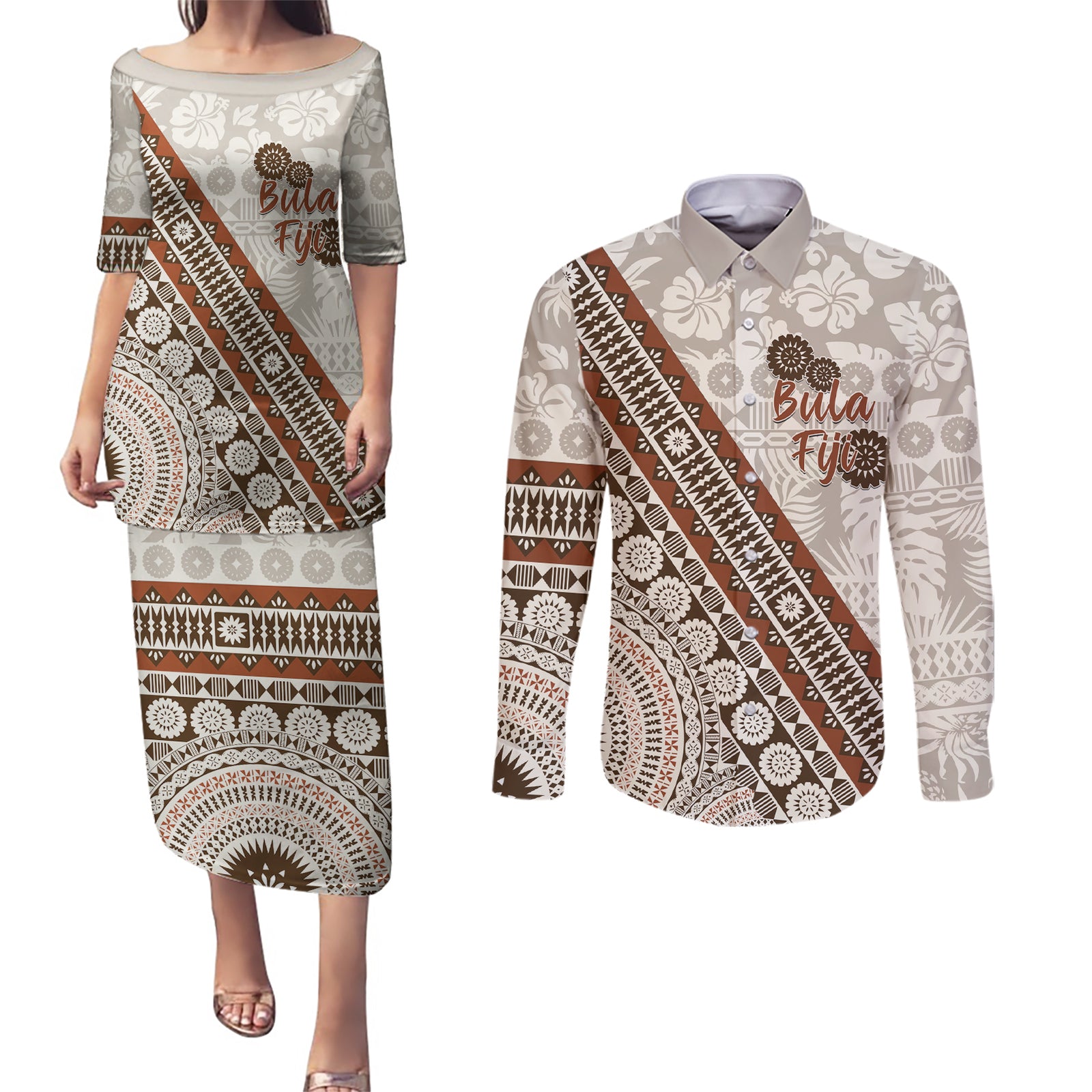 Bula Fiji Couples Matching Puletasi and Long Sleeve Button Shirt Fijian Masi Tapa Cloth Vintage Vibes LT14 Beige - Polynesian Pride