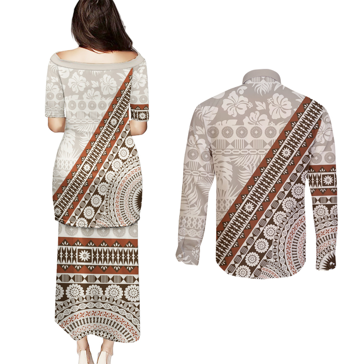 Bula Fiji Couples Matching Puletasi and Long Sleeve Button Shirt Fijian Masi Tapa Cloth Vintage Vibes LT14 - Polynesian Pride