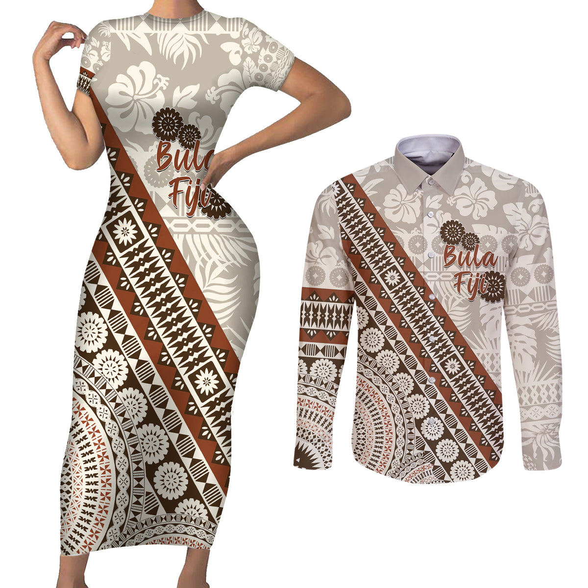 Bula Fiji Couples Matching Short Sleeve Bodycon Dress and Long Sleeve Button Shirt Fijian Masi Tapa Cloth Vintage Vibes LT14 Beige - Polynesian Pride
