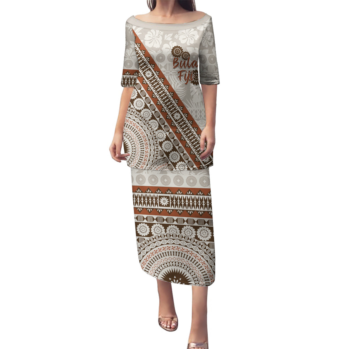 Bula Fiji Family Matching Puletasi and Hawaiian Shirt Fijian Masi Tapa Cloth Vintage Vibes LT14 Mom's Dress Beige - Polynesian Pride