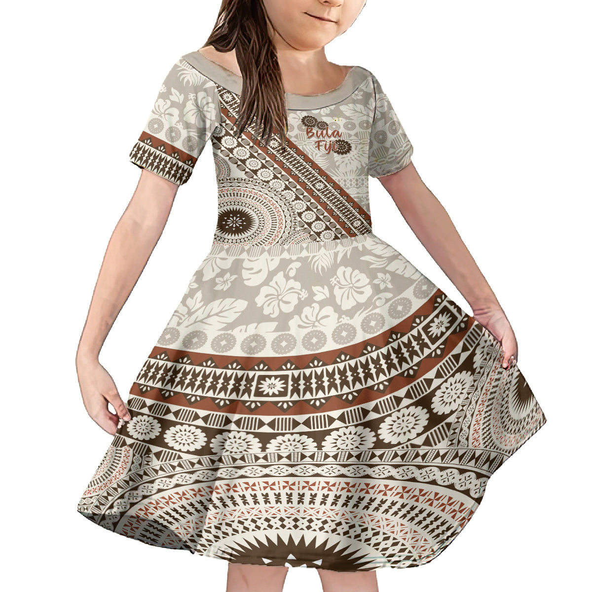 Bula Fiji Family Matching Summer Maxi Dress and Hawaiian Shirt Fijian Masi Tapa Cloth Vintage Vibes LT14 Daughter's Dress Beige - Polynesian Pride
