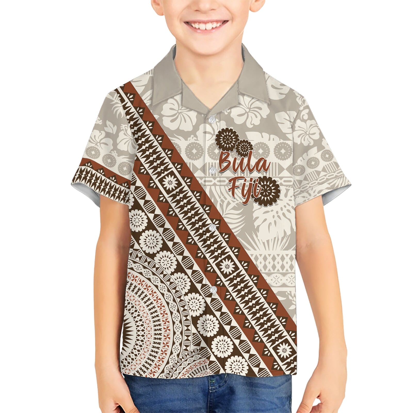 Bula Fiji Kid Hawaiian Shirt Fijian Masi Tapa Cloth Vintage Vibes LT14 Kid Beige - Polynesian Pride