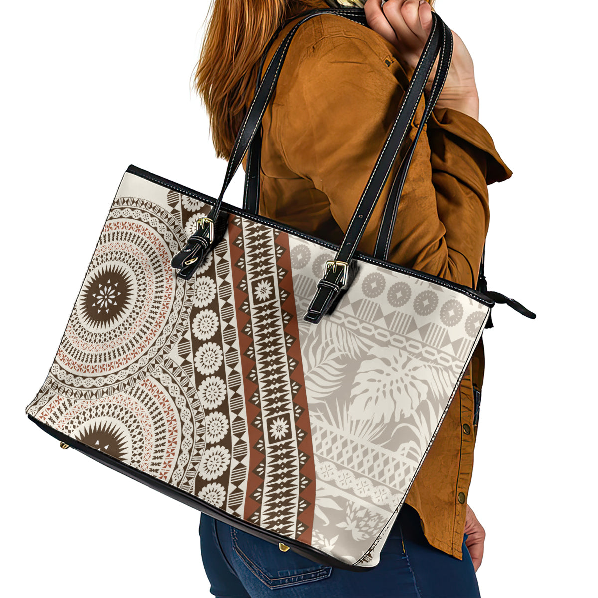 Bula Fiji Leather Tote Bag Fijian Masi Tapa Cloth Vintage Vibes LT14 - Polynesian Pride