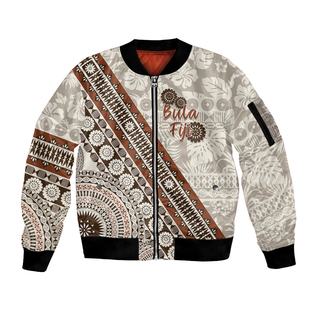 Bula Fiji Sleeve Zip Bomber Jacket Fijian Masi Tapa Cloth Vintage Vibes LT14 Unisex Beige - Polynesian Pride