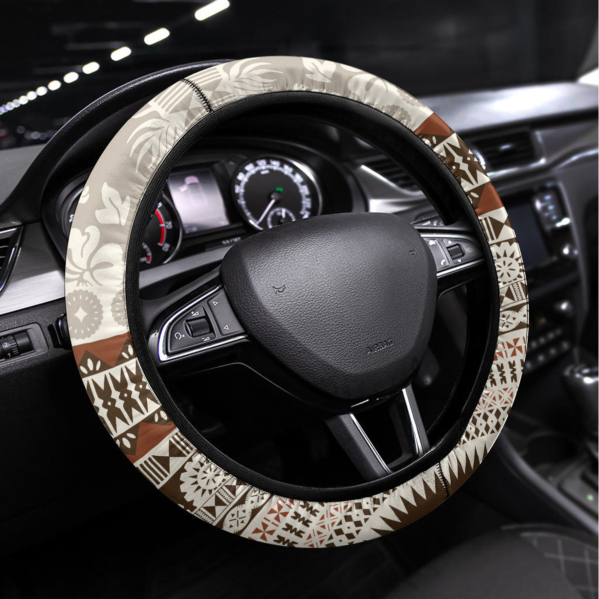 Bula Fiji Steering Wheel Cover Fijian Masi Tapa Cloth Vintage Vibes LT14 Universal Fit Beige - Polynesian Pride