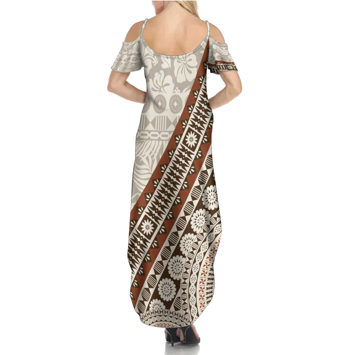 Bula Fiji Summer Maxi Dress Fijian Masi Tapa Cloth Vintage Vibes LT14 - Polynesian Pride