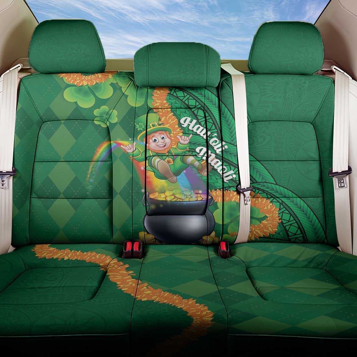 St Patrick's Day Hawaii Back Car Seat Cover Hauoli Maoli Funny Shaka Leprechaun LT14 One Size Green - Polynesian Pride