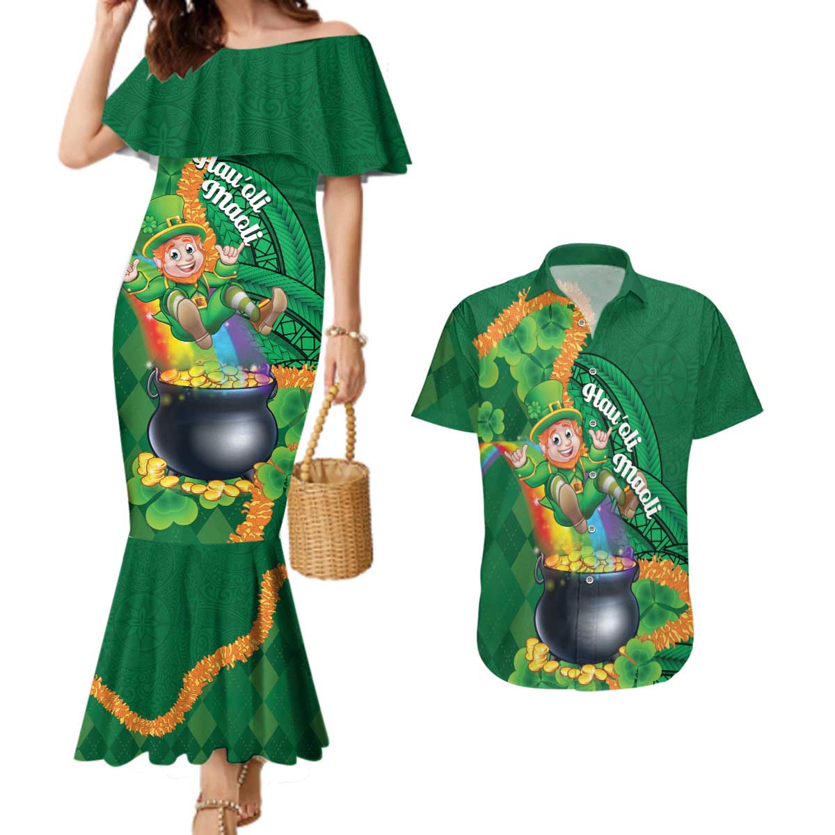St Patrick's Day Hawaii Couples Matching Mermaid Dress and Hawaiian Shirt Hauoli Maoli Funny Shaka Leprechaun