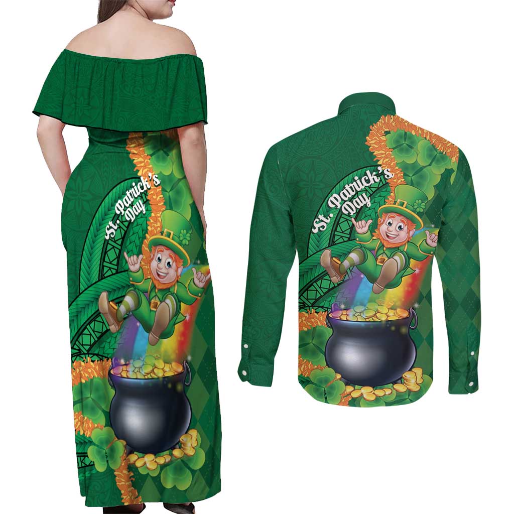 St Patrick's Day Hawaii Couples Matching Off Shoulder Maxi Dress and Long Sleeve Button Shirt Hauoli Maoli Funny Shaka Leprechaun LT14 - Polynesian Pride