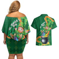 St Patrick's Day Hawaii Couples Matching Off Shoulder Short Dress and Hawaiian Shirt Hauoli Maoli Funny Shaka Leprechaun