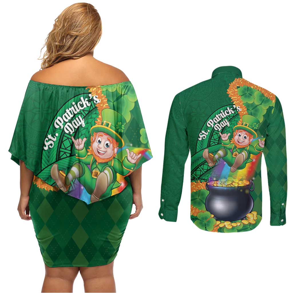 St Patrick's Day Hawaii Couples Matching Off Shoulder Short Dress and Long Sleeve Button Shirt Hauoli Maoli Funny Shaka Leprechaun LT14 - Polynesian Pride