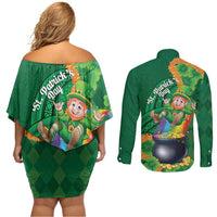 St Patrick's Day Hawaii Couples Matching Off Shoulder Short Dress and Long Sleeve Button Shirt Hauoli Maoli Funny Shaka Leprechaun LT14 - Polynesian Pride