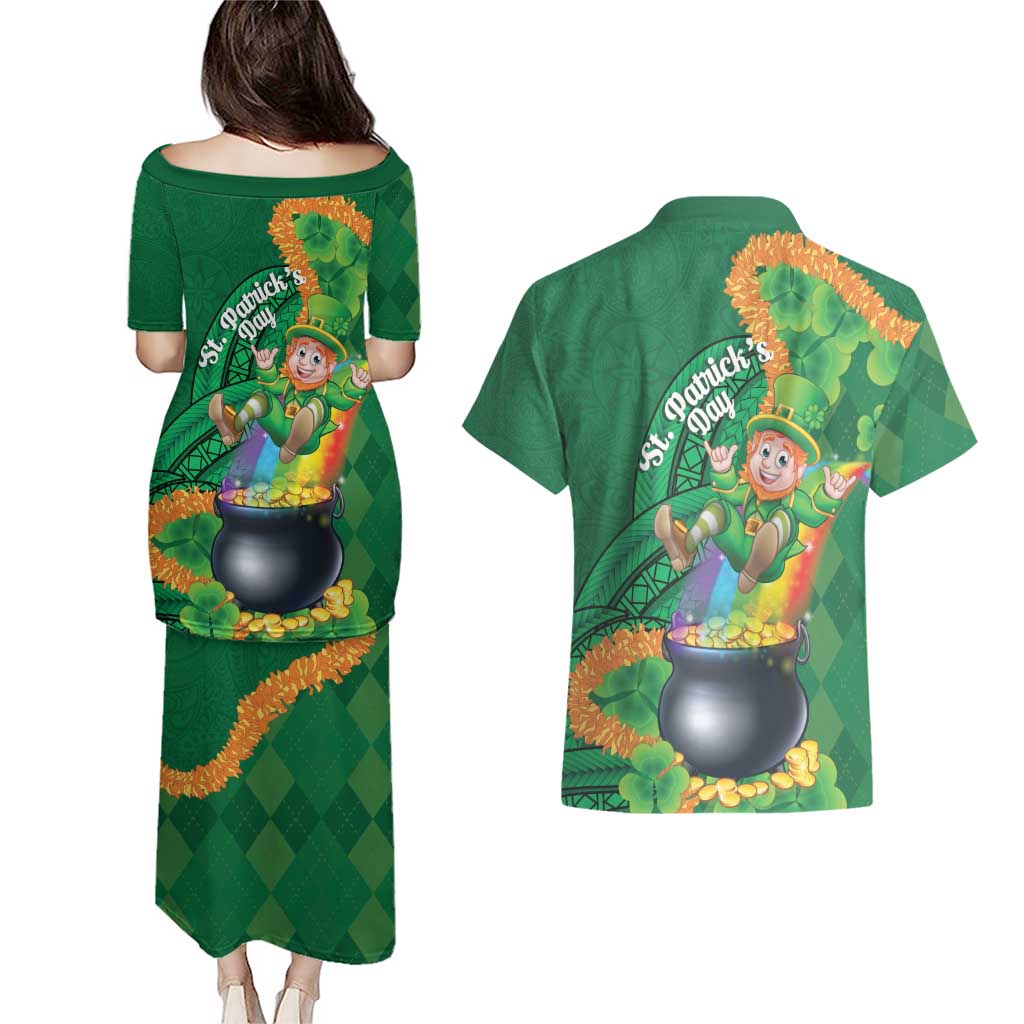 St Patrick's Day Hawaii Couples Matching Puletasi and Hawaiian Shirt Hauoli Maoli Funny Shaka Leprechaun LT14 - Polynesian Pride