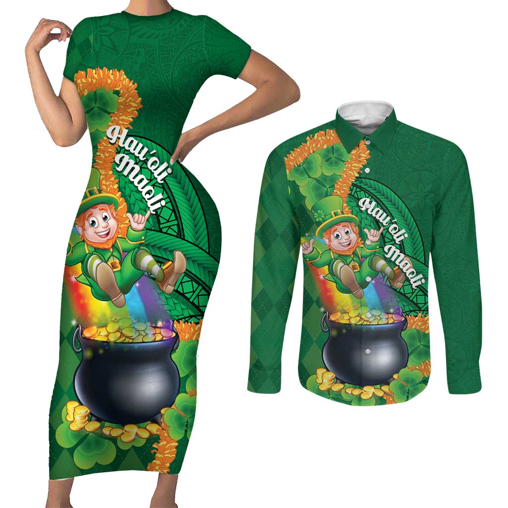 St Patrick's Day Hawaii Couples Matching Short Sleeve Bodycon Dress and Long Sleeve Button Shirt Hauoli Maoli Funny Shaka Leprechaun
