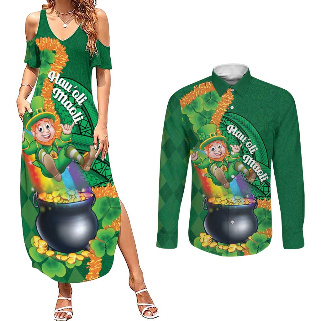 St Patrick's Day Hawaii Couples Matching Summer Maxi Dress and Long Sleeve Button Shirt Hauoli Maoli Funny Shaka Leprechaun LT14 Green - Polynesian Pride