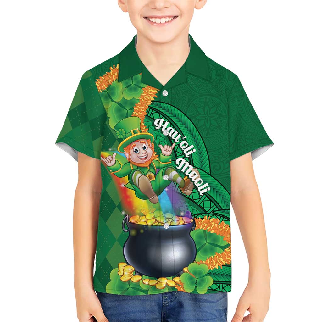 St Patrick's Day Hawaii Family Matching Mermaid Dress and Hawaiian Shirt Hauoli Maoli Funny Shaka Leprechaun LT14 Son's Shirt Green - Polynesian Pride