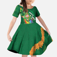 St Patrick's Day Hawaii Family Matching Off Shoulder Short Dress and Hawaiian Shirt Hauoli Maoli Funny Shaka Leprechaun LT14 Daughter's Dress Green - Polynesian Pride