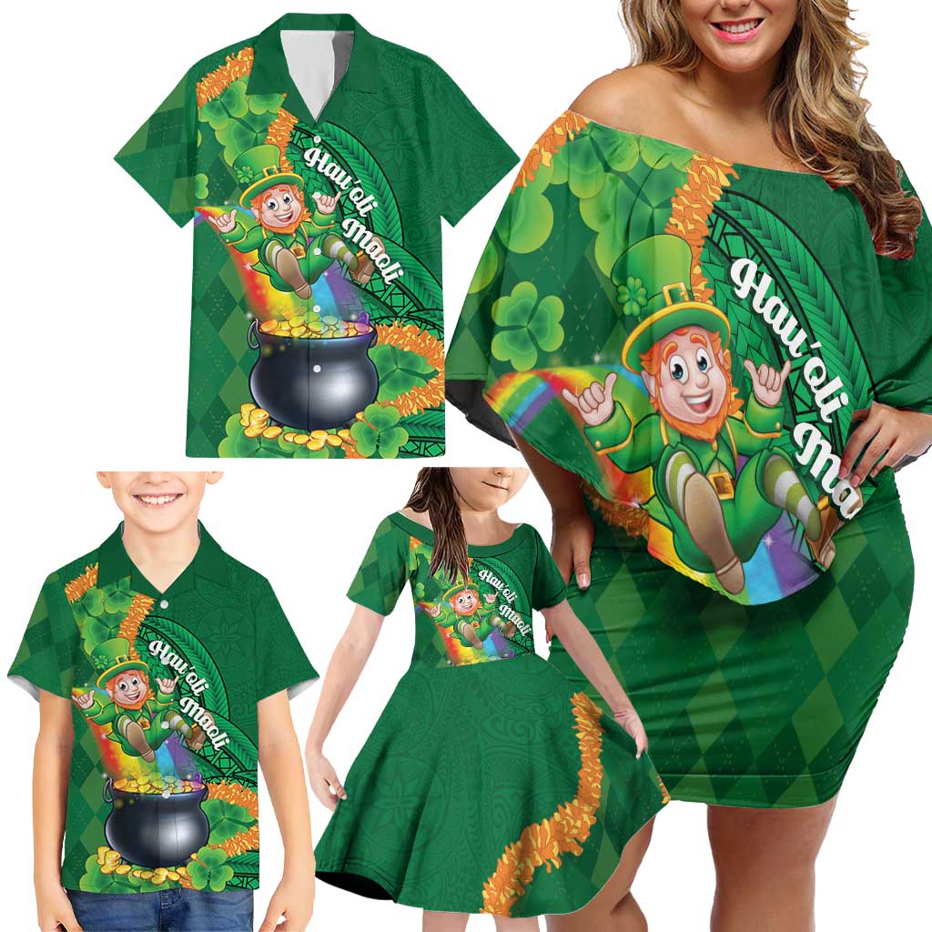 St Patrick's Day Hawaii Family Matching Off Shoulder Short Dress and Hawaiian Shirt Hauoli Maoli Funny Shaka Leprechaun