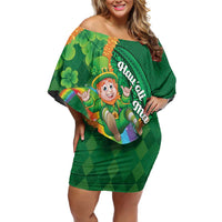 St Patrick's Day Hawaii Family Matching Off Shoulder Short Dress and Hawaiian Shirt Hauoli Maoli Funny Shaka Leprechaun LT14 Mom's Dress Green - Polynesian Pride