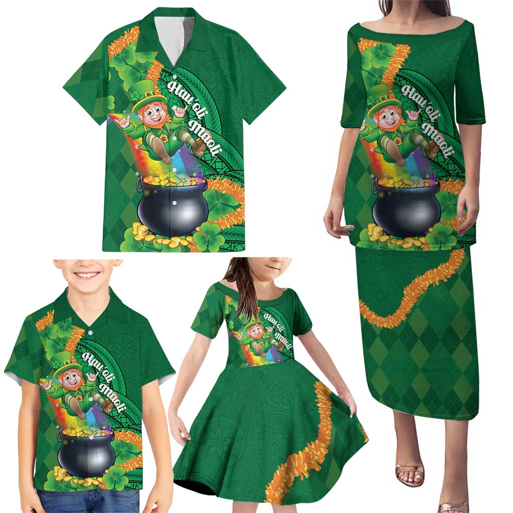 St Patrick's Day Hawaii Family Matching Puletasi and Hawaiian Shirt Hauoli Maoli Funny Shaka Leprechaun