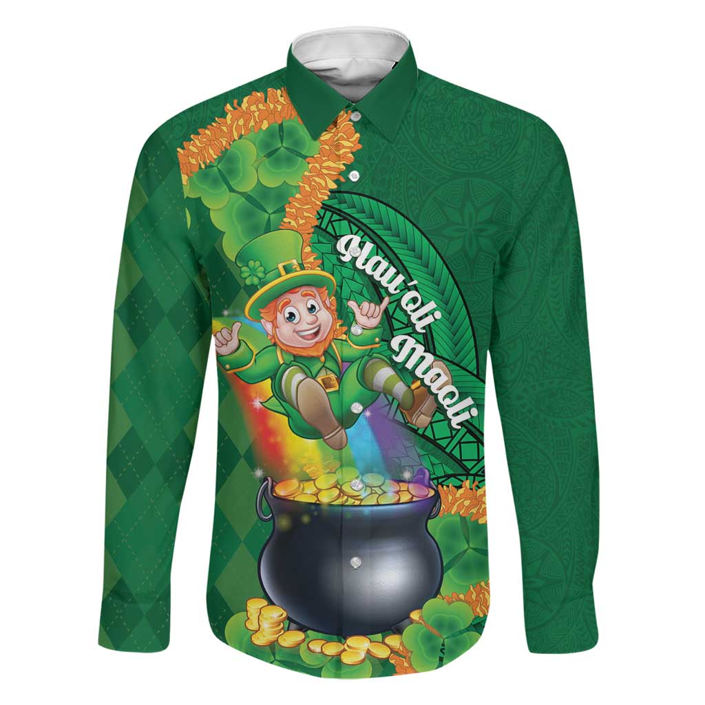 St Patrick's Day Hawaii Family Matching Summer Maxi Dress and Hawaiian Shirt Hauoli Maoli Funny Shaka Leprechaun LT14 Dad's Shirt - Long Sleeve Green - Polynesian Pride