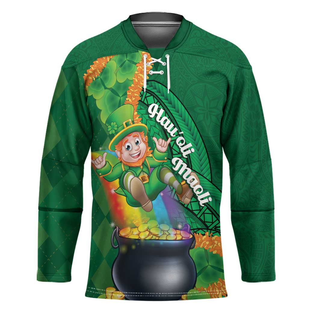 St Patrick's Day Hawaii Hockey Jersey Hauoli Maoli Funny Shaka Leprechaun LT14 Unisex Green - Polynesian Pride