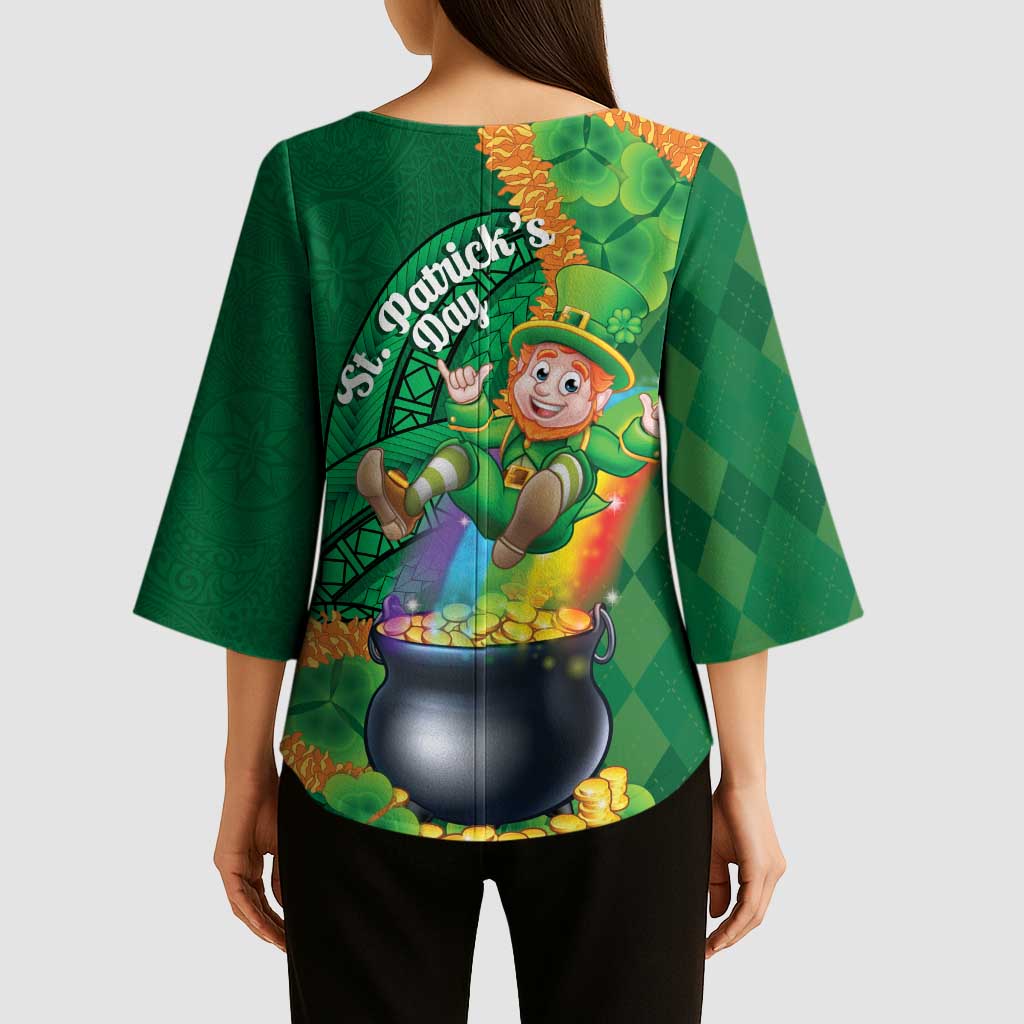 St Patrick's Day Hawaii Kimono Sleeve Blouse Hauoli Maoli Funny Shaka Leprechaun