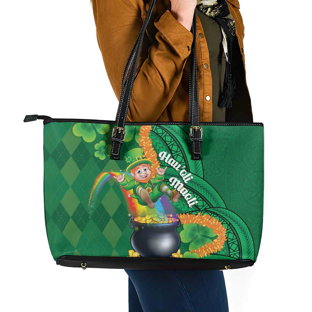 St Patrick's Day Hawaii Leather Tote Bag Hauoli Maoli Funny Shaka Leprechaun LT14 - Polynesian Pride