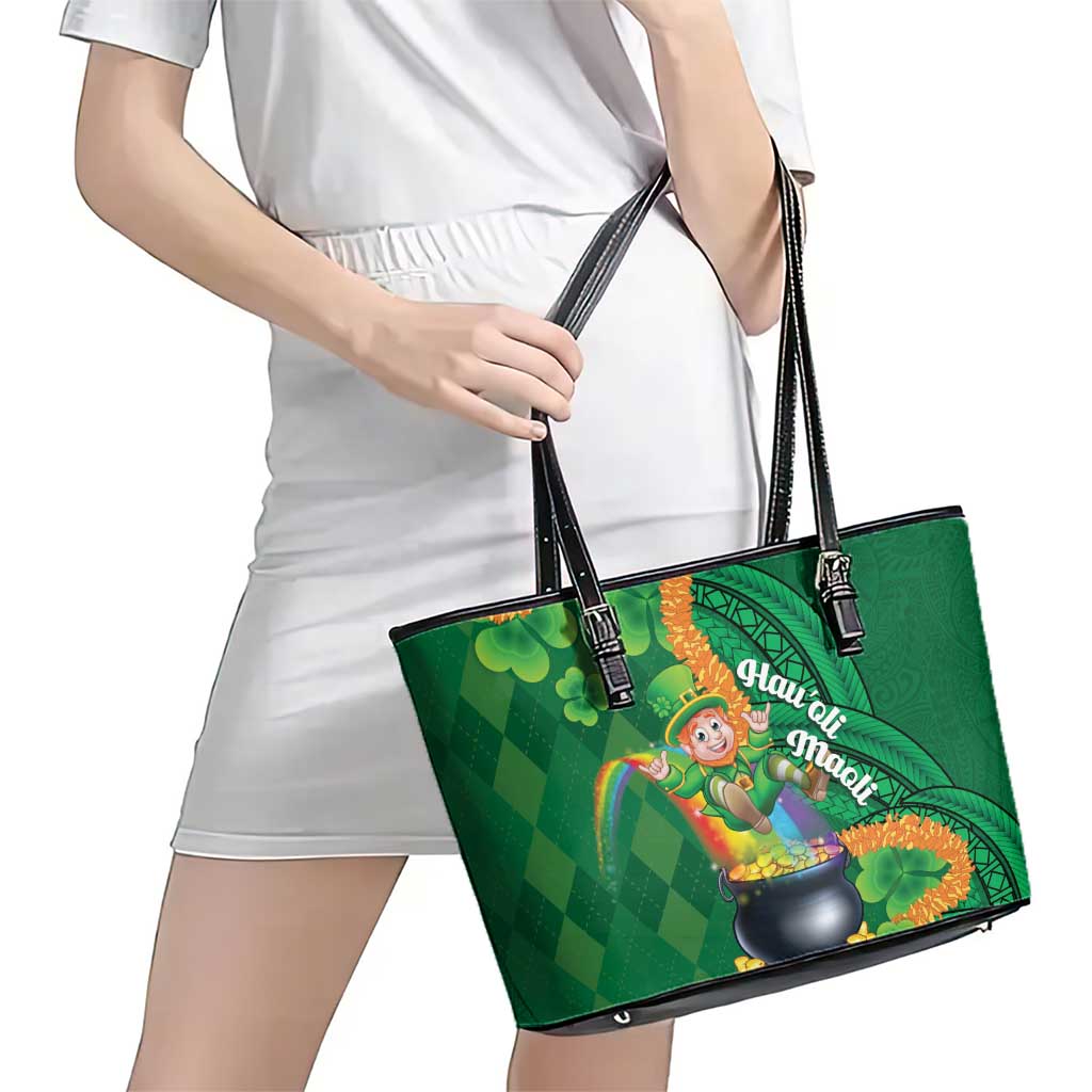 St Patrick's Day Hawaii Leather Tote Bag Hauoli Maoli Funny Shaka Leprechaun LT14 - Polynesian Pride
