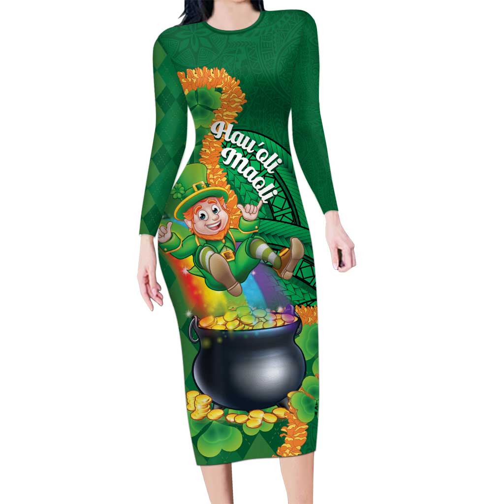 St Patrick's Day Hawaii Long Sleeve Bodycon Dress Hauoli Maoli Funny Shaka Leprechaun