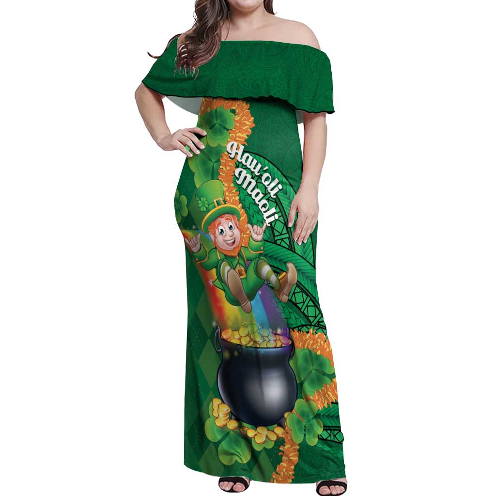 St Patrick's Day Hawaii Off Shoulder Maxi Dress Hauoli Maoli Funny Shaka Leprechaun