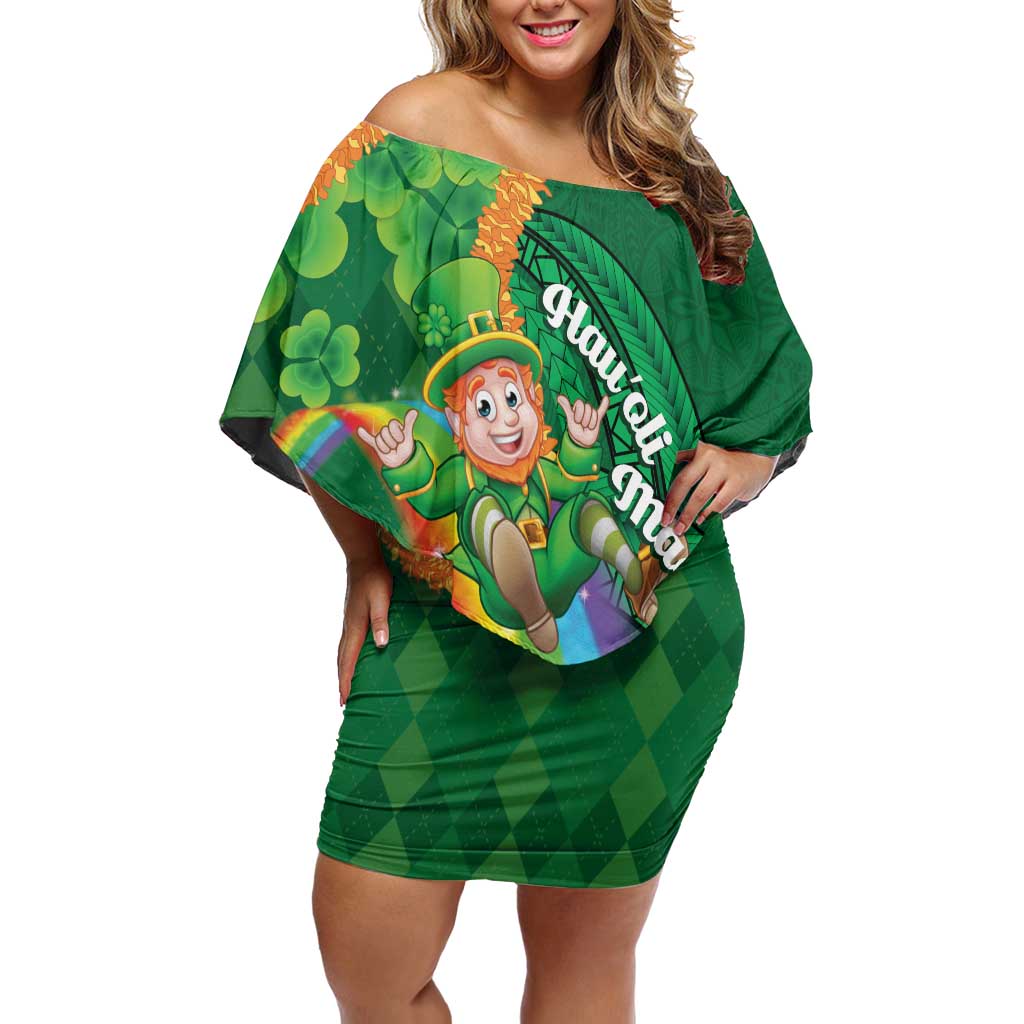 St Patrick's Day Hawaii Off Shoulder Short Dress Hauoli Maoli Funny Shaka Leprechaun