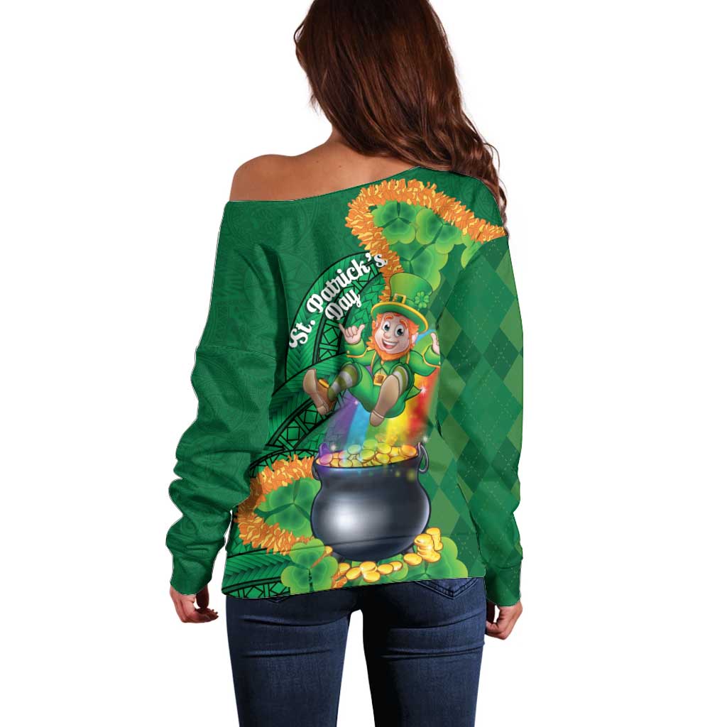 St Patrick's Day Hawaii Off Shoulder Sweater Hauoli Maoli Funny Shaka Leprechaun