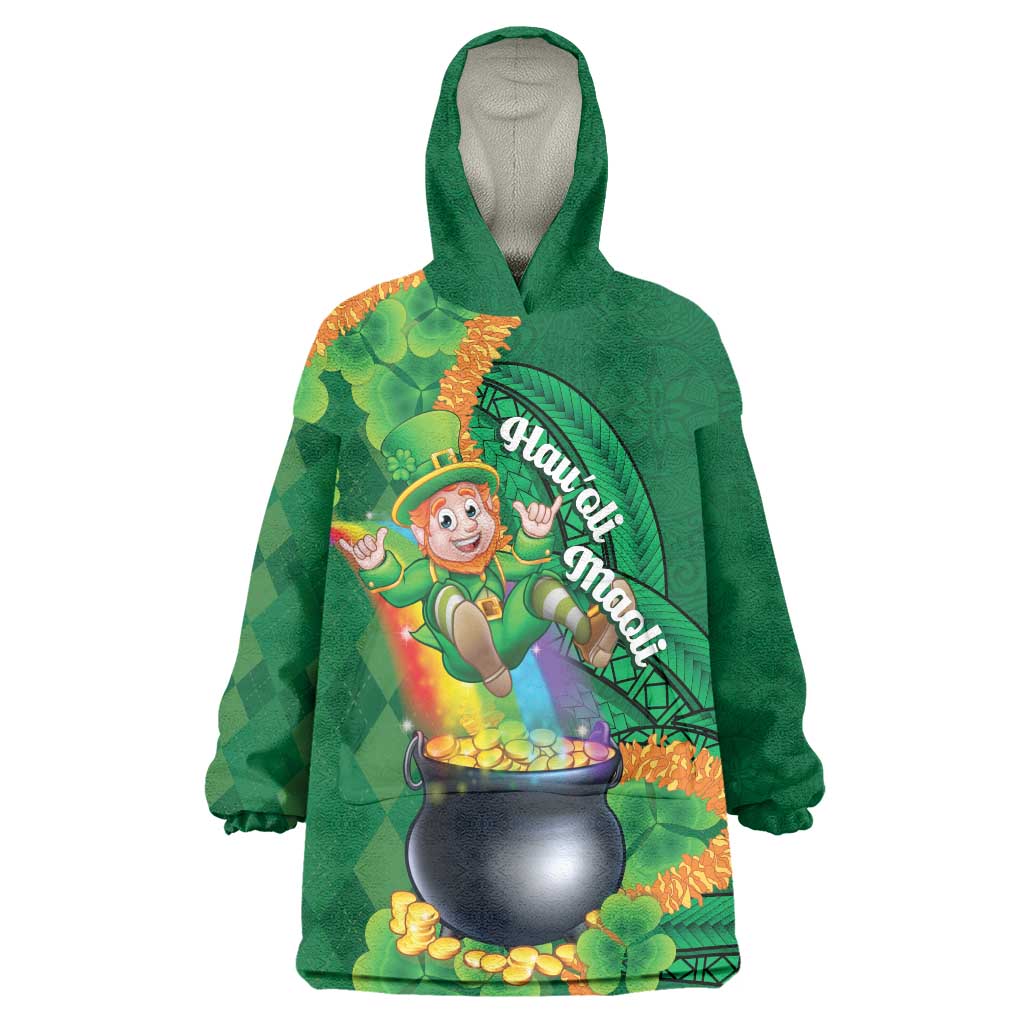 St Patrick's Day Hawaii Wearable Blanket Hoodie Hauoli Maoli Funny Shaka Leprechaun LT14 One Size Green - Polynesian Pride